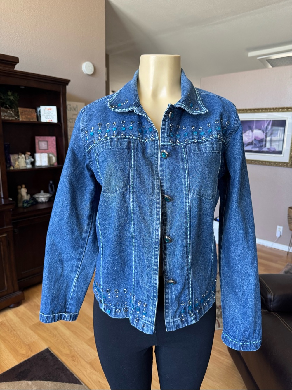 Life Style Embellished Blue Button Up Denim Jacket-size M